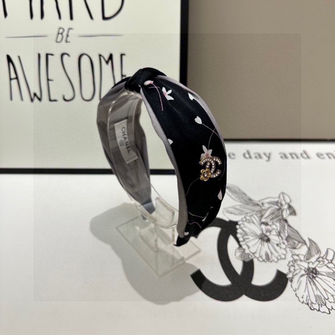 Black & Grey Floral Satin Headband – Knotted Top with Crystal Emblem Detail