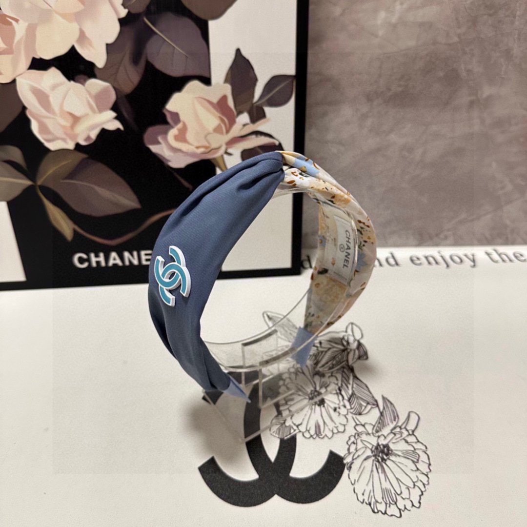 Dusty Blue & Floral Contrast Headband – Soft Satin with Signature Logo Accent