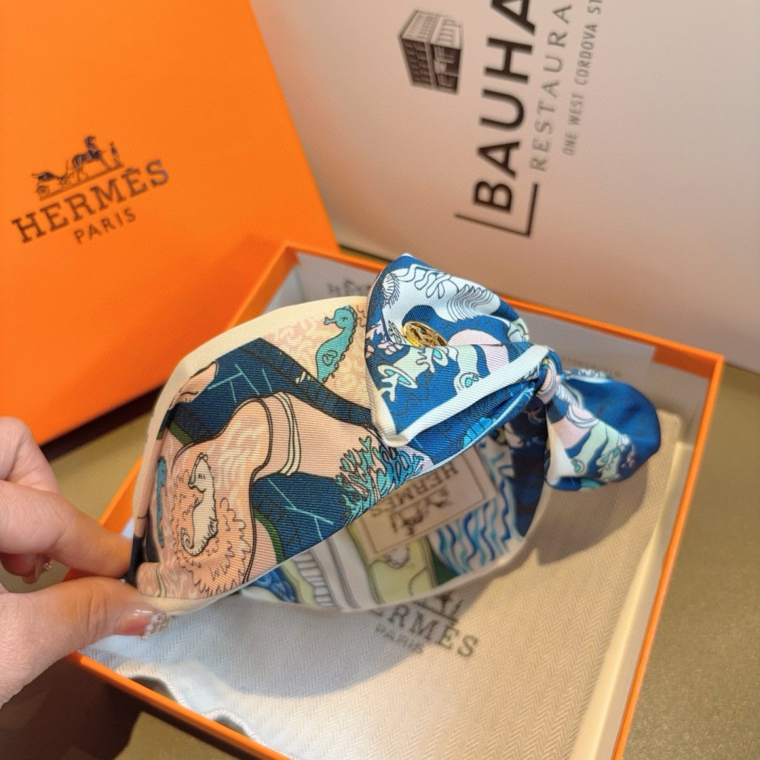 HERMÈS Silk Bow Headband in Ocean Blue Print · Luxury Twilly-Inspired Hair Accessory - 图片 6