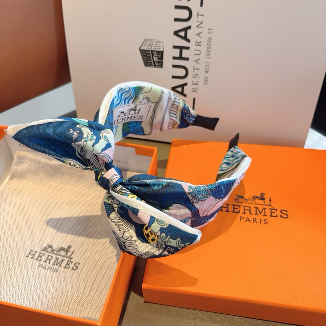 HERMÈS Silk Bow Headband in Ocean Blue Print · Luxury Twilly-Inspired Hair Accessory - 图片 7