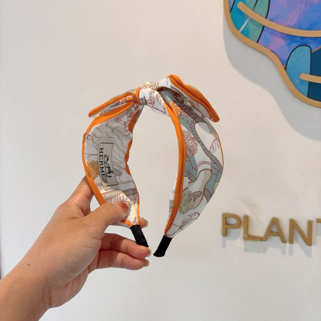 HERMÈS Orange Trim Silk Bow Headband · Signature Twill Print & Iconic Parisian Finish - 图片 2