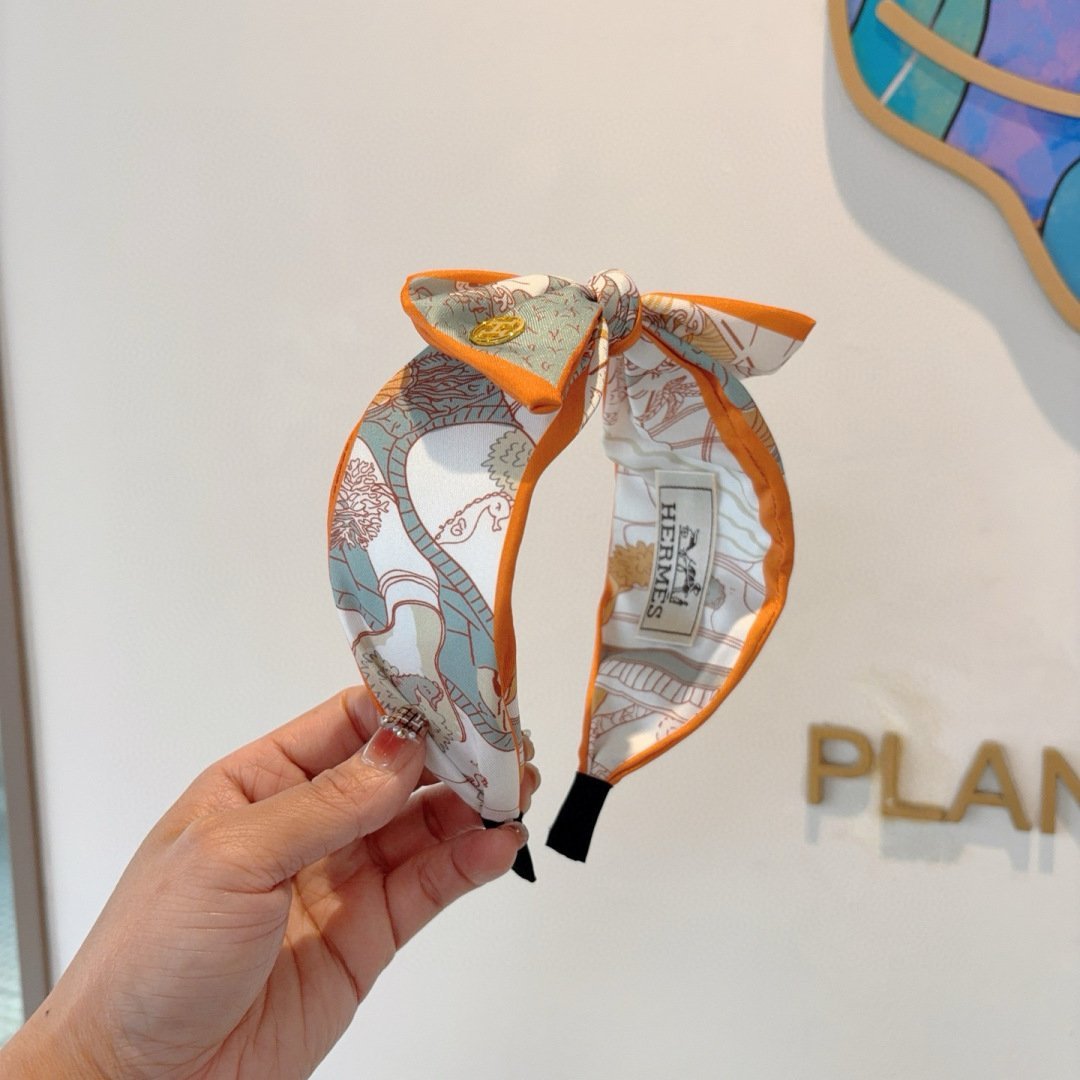 HERMÈS Orange Trim Silk Bow Headband · Signature Twill Print & Iconic Parisian Finish - 图片 3