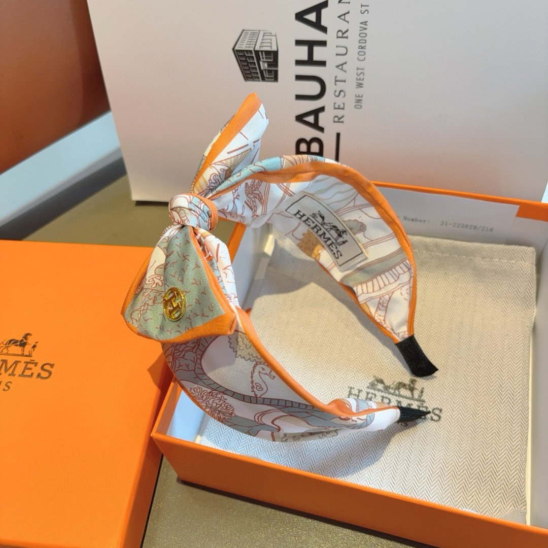 HERMÈS Orange Trim Silk Bow Headband · Signature Twill Print & Iconic Parisian Finish - 图片 6