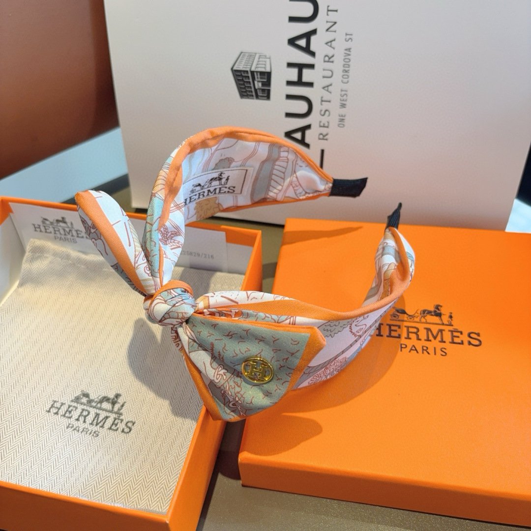 HERMÈS Orange Trim Silk Bow Headband · Signature Twill Print & Iconic Parisian Finish - 图片 7