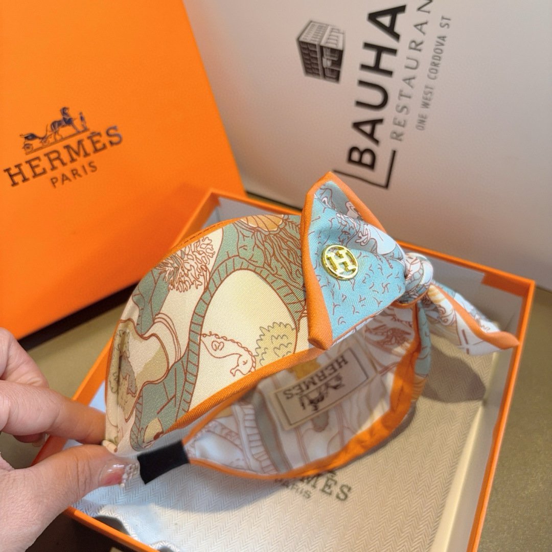 HERMÈS Orange Trim Silk Bow Headband · Signature Twill Print & Iconic Parisian Finish - 图片 8