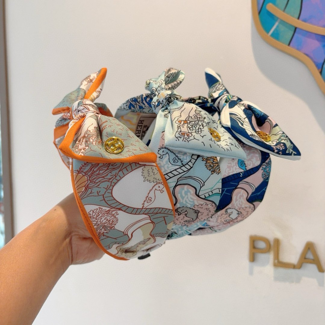 HERMÈS Orange Trim Silk Bow Headband · Signature Twill Print & Iconic Parisian Finish - 图片 9