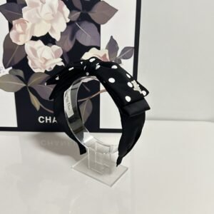 Black Polka Dot Satin Bow Headband – Retro French Style with Dior-Inspired Logo