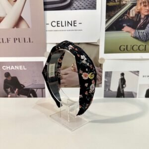 Black Floral Jacquard Headband – Custom Fabric with Gold GG-Inspired Charm