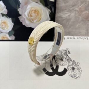 Cream Braided Textured Headband – Gold LV-Inspired Emblem for Elevated Everyday Style