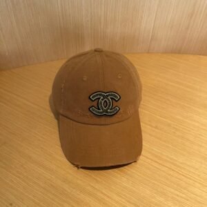 CHANEL Vintage Caramel Cotton Cap with Crystal Embellished Logo