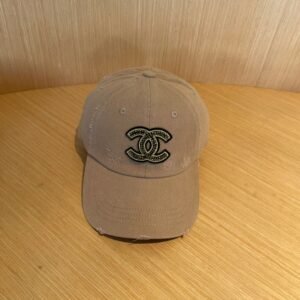 CHANEL Distressed Khaki Cotton Cap with Crystal Double-C Logo