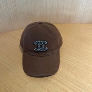 CHANEL Vintage Brown Crystal Logo Distressed Cotton Baseball Cap