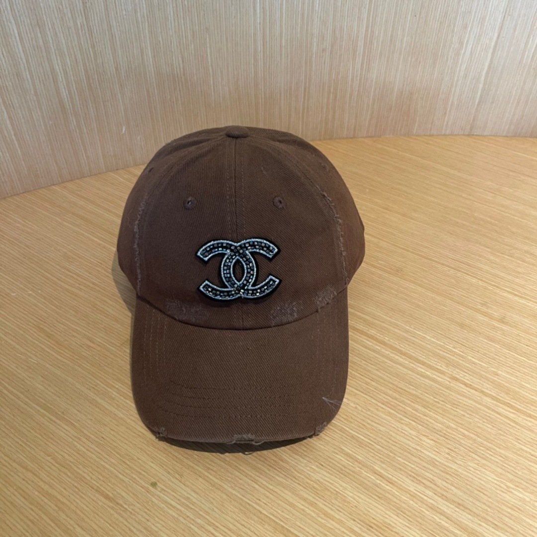 CHANEL Vintage Brown Crystal Logo Distressed Cotton Baseball Cap