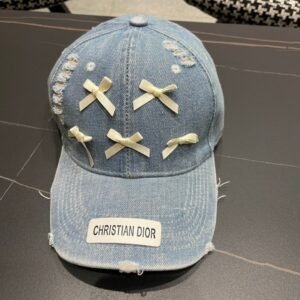 Dior Pale Blue Distressed Denim Baseball Cap with Satin Bows