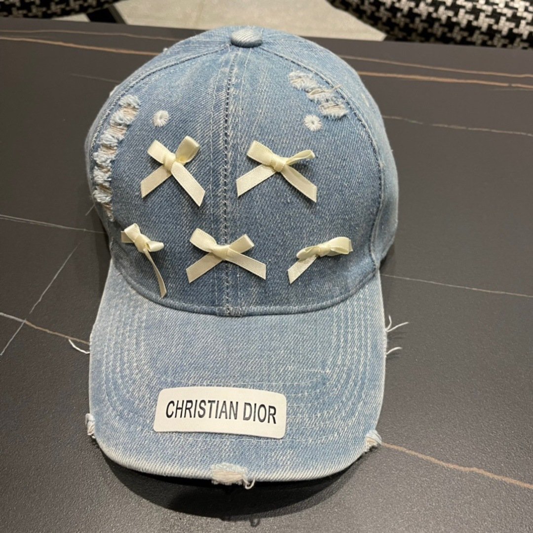 Dior Pale Blue Distressed Denim Baseball Cap with Satin Bows