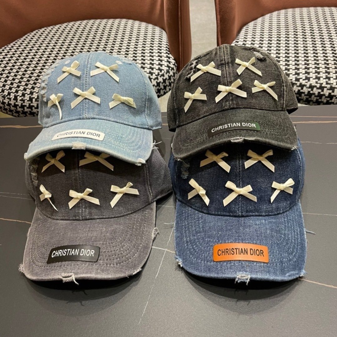 Dior Pale Blue Distressed Denim Baseball Cap with Satin Bows - 图片 2
