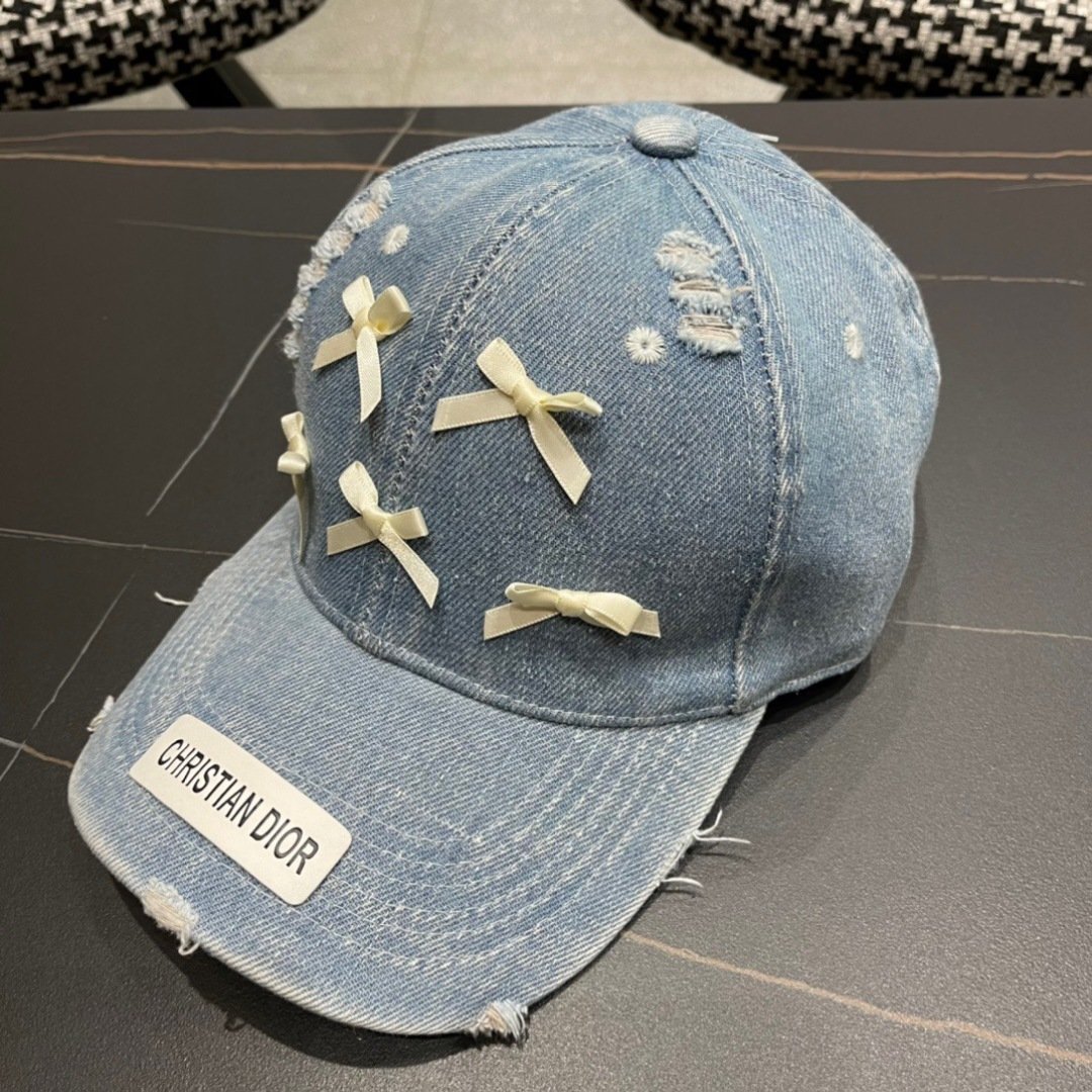 Dior Pale Blue Distressed Denim Baseball Cap with Satin Bows - 图片 3