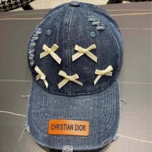 Dior Light Blue Denim Baseball Cap with Satin Bows & Leather Logo Patch