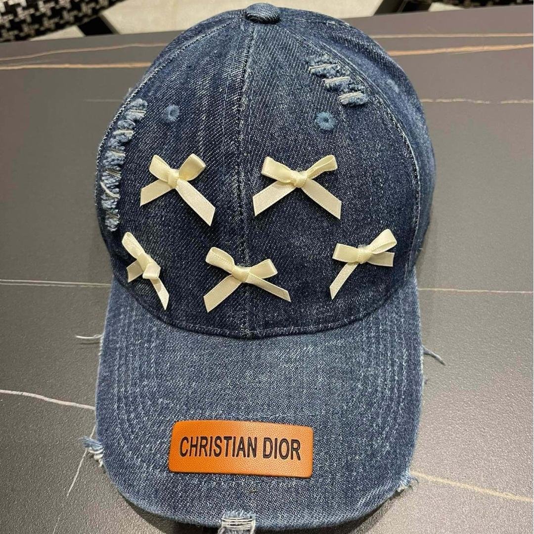 Dior Light Blue Denim Baseball Cap with Satin Bows & Leather Logo Patch