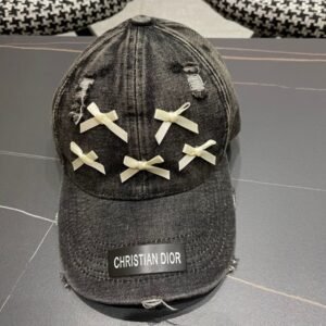 Dior Denim Baseball Cap with Ivory Bows and Distressed Detail