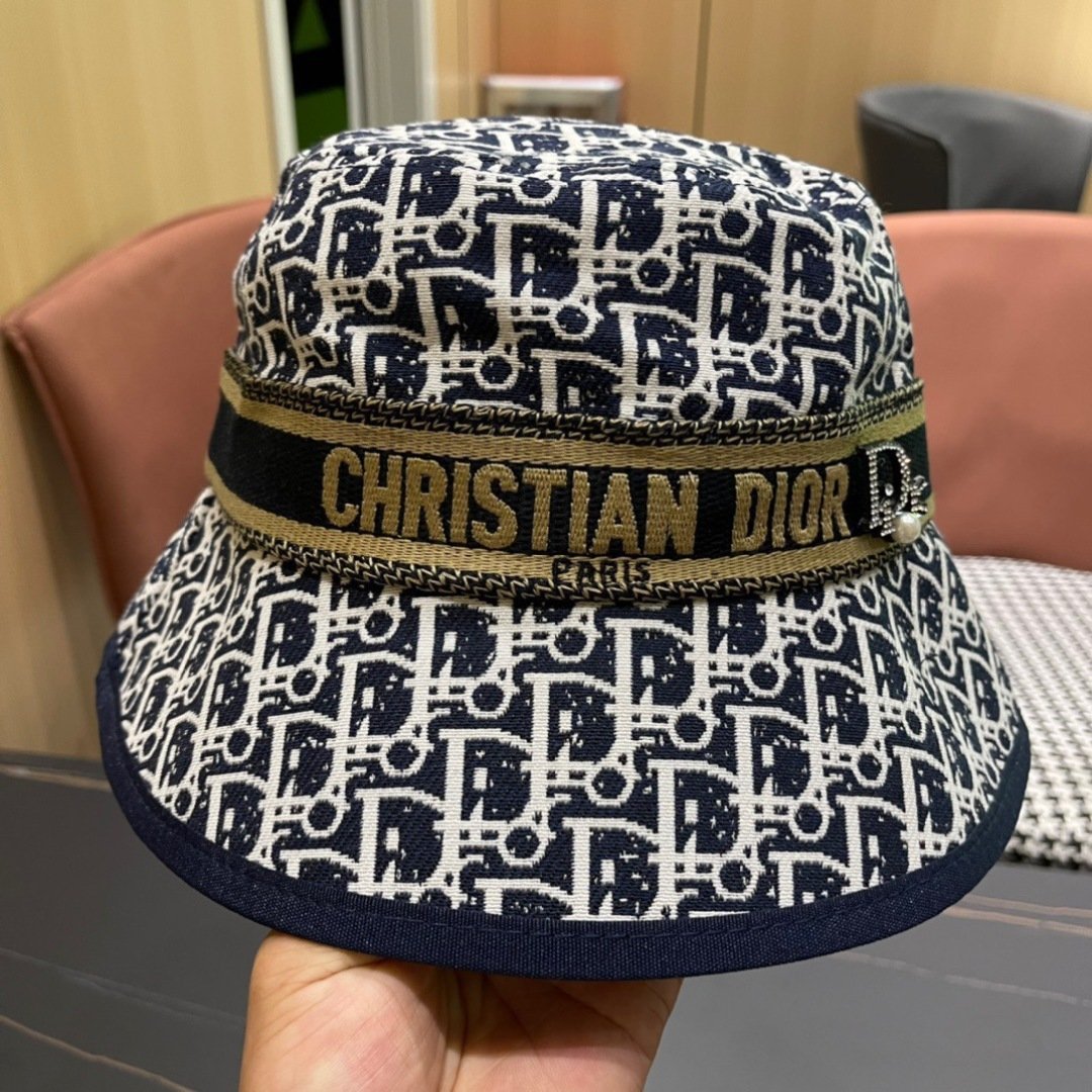 Dior Navy Blue Oblique Jacquard Bucket Hat with Signature Detail