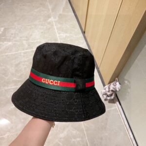 GUCCI 2025 Monogram Black Bucket Hat with Signature Web Stripe