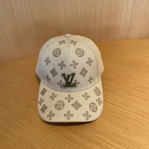 Cream Beige Baseball Cap with Crystal Monogram and LV-Inspired Emblem