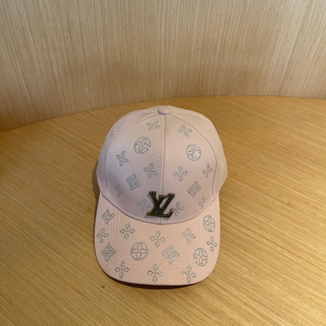 Blush Pink Baseball Cap with Rhinestone Monogram & LV-Inspired Logo