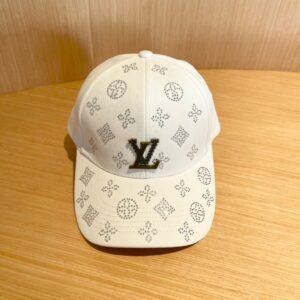 Embellished White Baseball Cap with LV-Inspired Monogram Detail