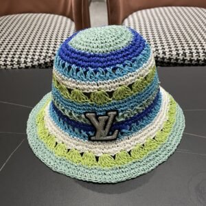 Colorblock Crochet Straw Bucket Hat with LV-Inspired Monogram