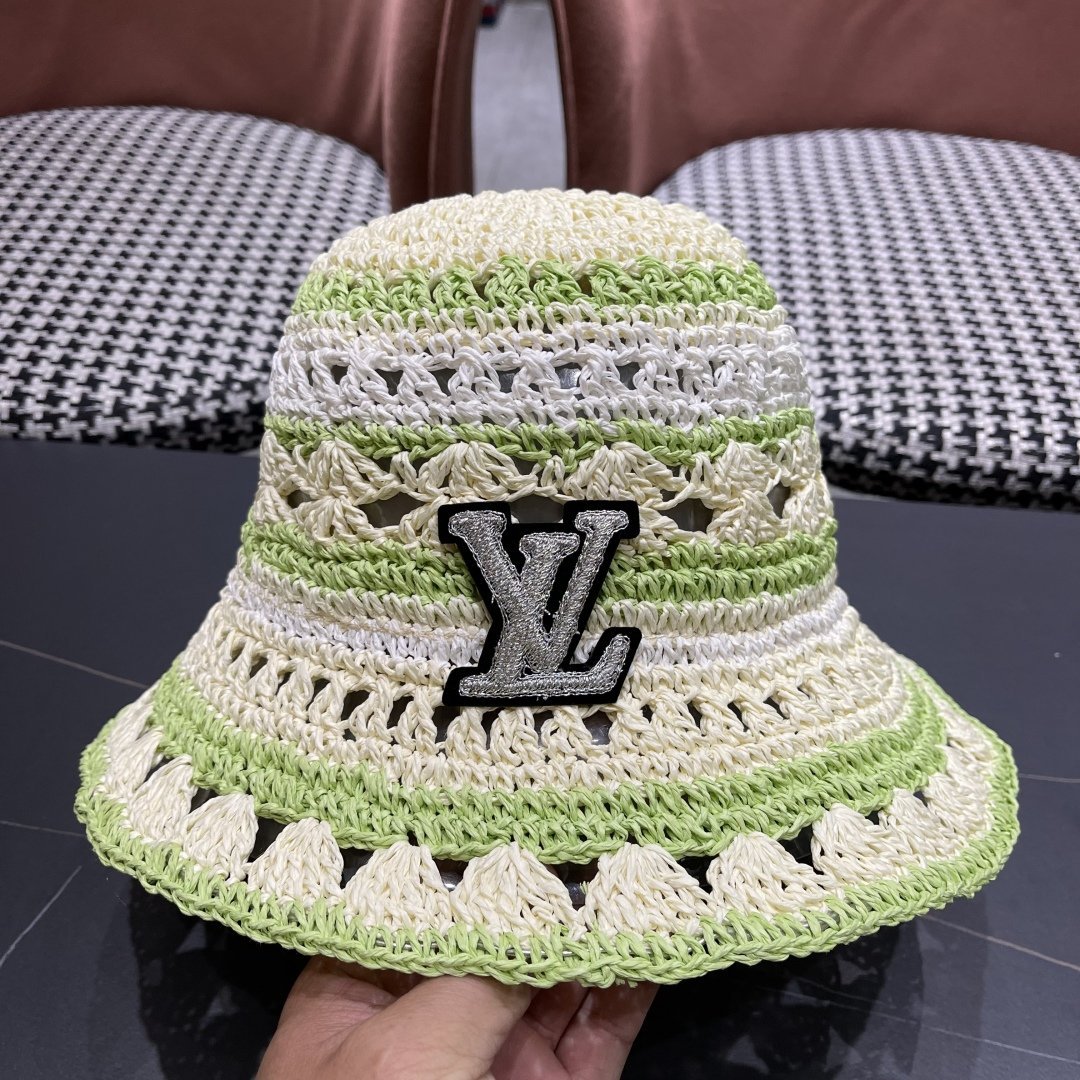 Louis Vuitton Crochet Raffia Bucket Hat with Monogram Accent