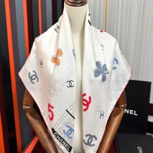 Chanel-Inspired Silk Scarf – Alphabet Cage Print with Signature Motifs, 90x90cm
