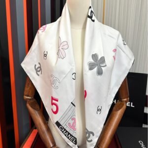 Chanel-Inspired Silk Scarf – Birdcage & Logo Print in Pink Palette, 90x90cm