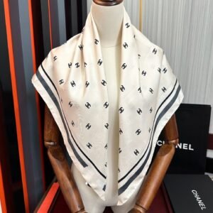 Chanel-Inspired Monogram Silk Scarf – Tonal Bows & CC Print, 90x90cm