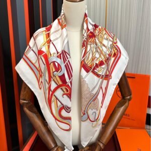 Hermès-Inspired Silk Scarf – Whiplash Line Staircase in Fiery Orange, 90x90cm