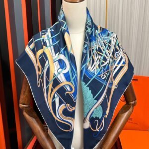 Hermès-Inspired Architectural Silk Scarf – Midnight Staircase & Mint Scrollwork, 90x90cm