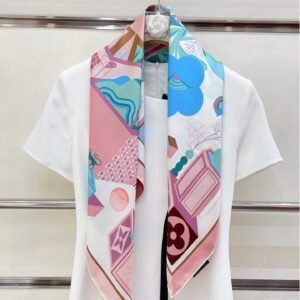 Luxury Silk Twill Scarf – Abstract Garden Print in Blush & Teal, 90x90cm