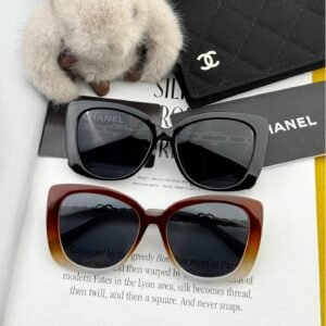 Chanel-Inspired Chain Temple Cat-Eye Sunglasses · Black & Gradient Brown