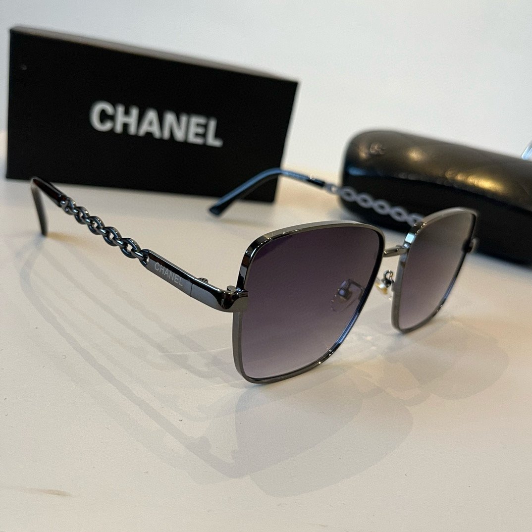 Glossy Black Square Sunglasses with Gradient Lens & Chain Temples · Chanel-Inspired - 图片 2