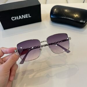 Silver-Rim Gradient Sunglasses with Lavender Chain Temples · Chanel-Inspired Square Frame