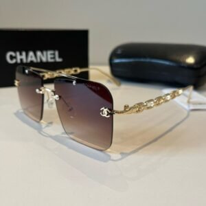 Chanel-Inspired Rimless Square Sunglasses with Gradient Brown Lenses & Logo Chain Temples