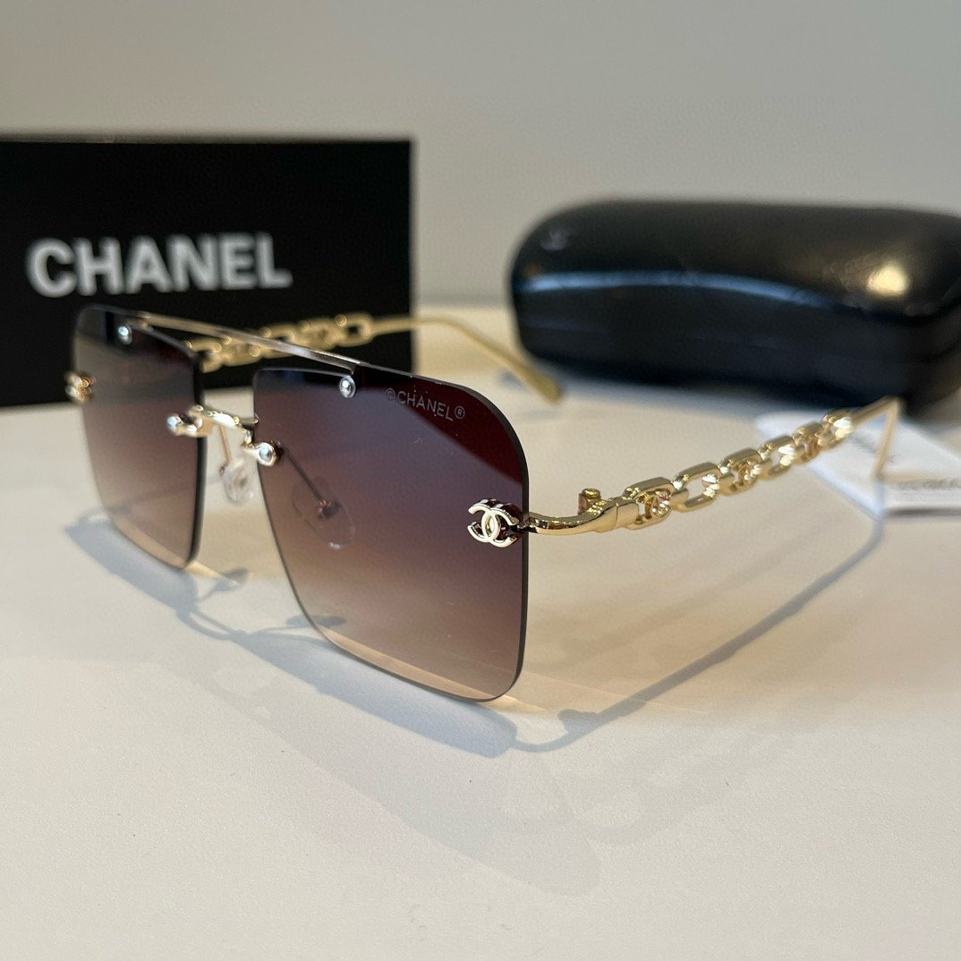 Chanel-Inspired Rimless Square Sunglasses with Gradient Brown Lenses & Logo Chain Temples