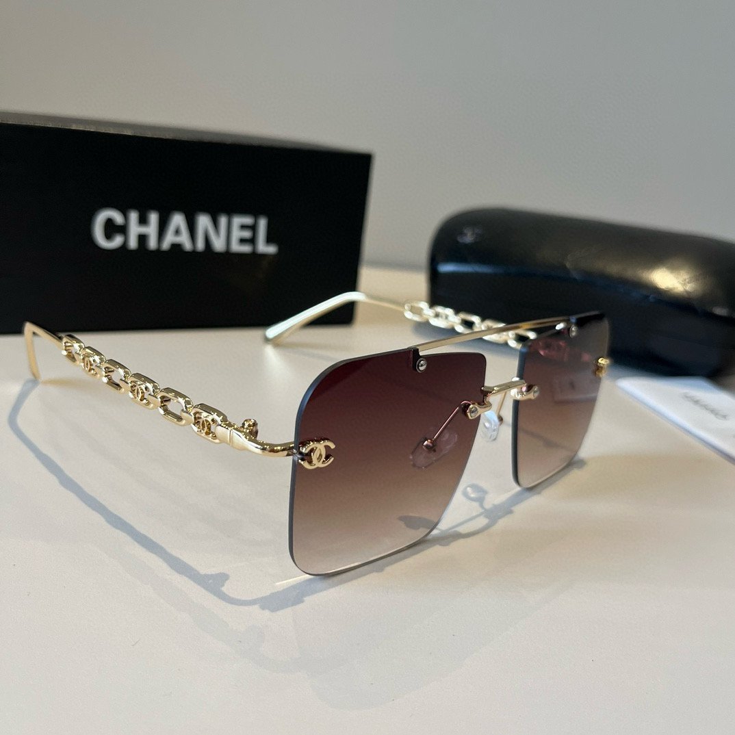 Chanel-Inspired Rimless Square Sunglasses with Gradient Brown Lenses & Logo Chain Temples - 图片 2