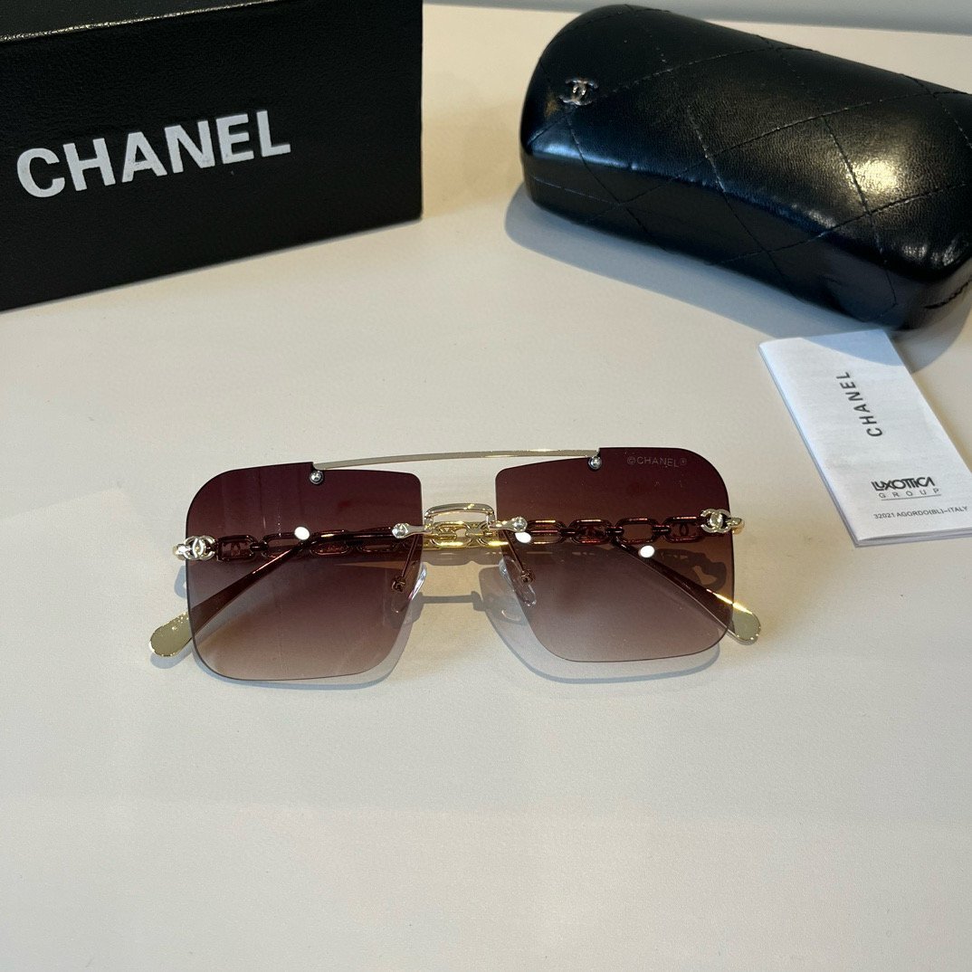 Chanel-Inspired Rimless Square Sunglasses with Gradient Brown Lenses & Logo Chain Temples - 图片 5