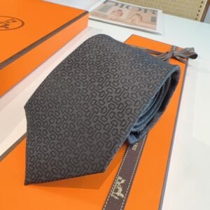 Hermès Navy Silk Tie with Tonal Geometric Jacquard
