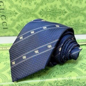 Gucci Navy Silk Tie with Bee Embroidery and Signature Web Stripe