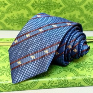 Gucci Blue Silk Tie with Bee Embroidery and Striped Weave