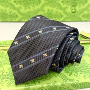 Gucci Dark Silk Tie with Bee Embroidery and Stripe Motif