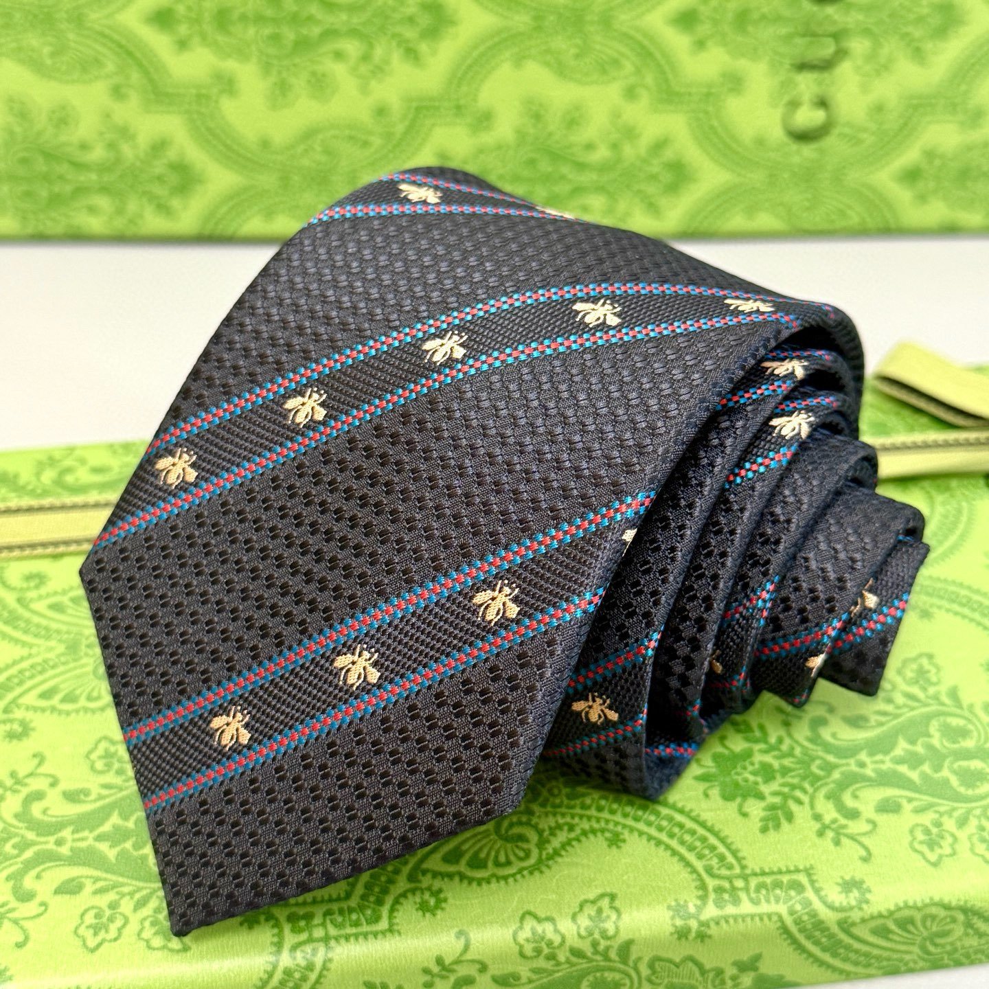 Gucci Dark Silk Tie with Bee Embroidery and Stripe Motif