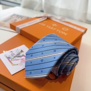 Louis Vuitton Light Blue Silk Tie with Monogram Stripe Detail